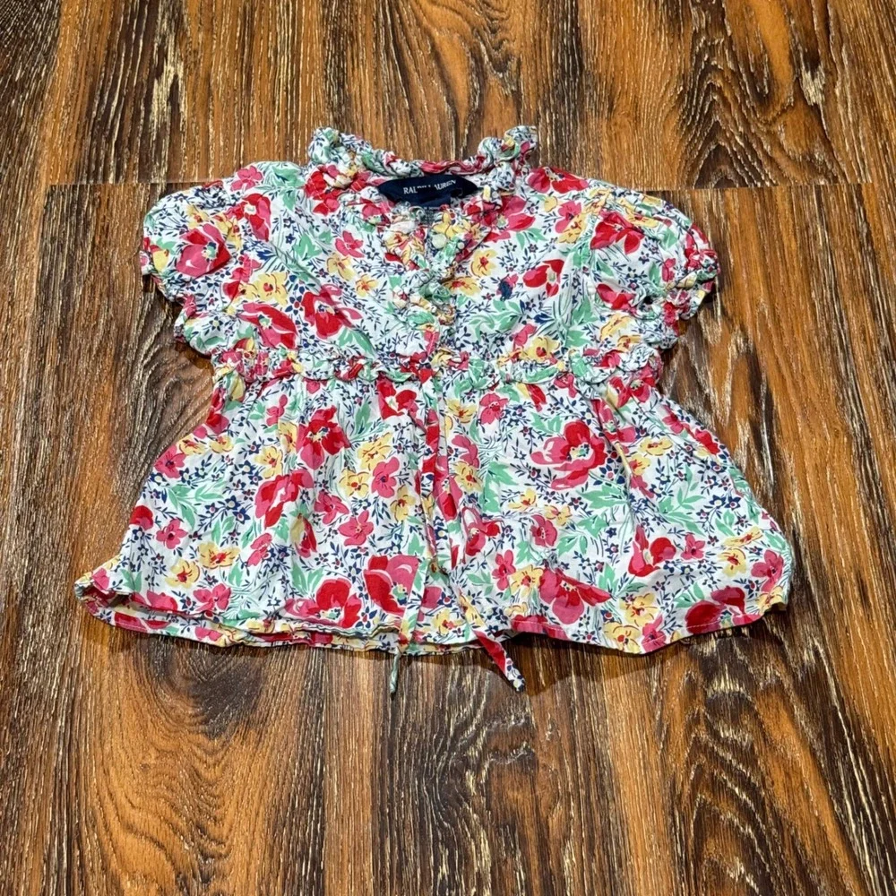 Ralph Lauren Girls 2T Floral Peplum Top Ruffle Short Sleeve Cotton Blouse Shirt